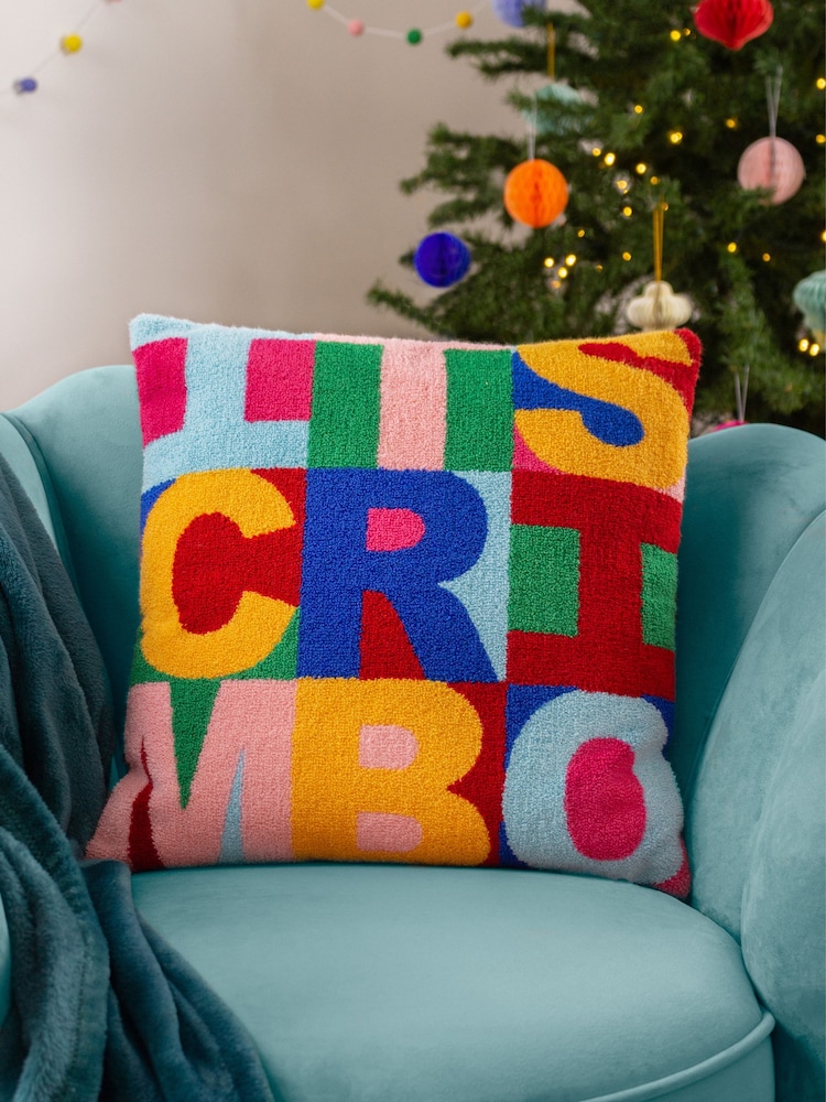 heya home Pink FestiveVal Crimbo Knitted Polyester Filled 100% Cotton Cushion - Image 1 of 6
