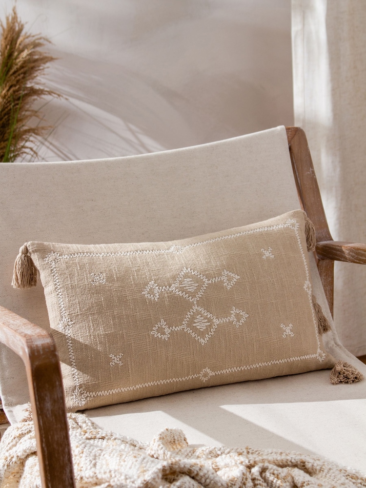 Yard Stone Beige Folis Embroidered Polyester Filled 100% Cotton Cushion - Image 1 of 7