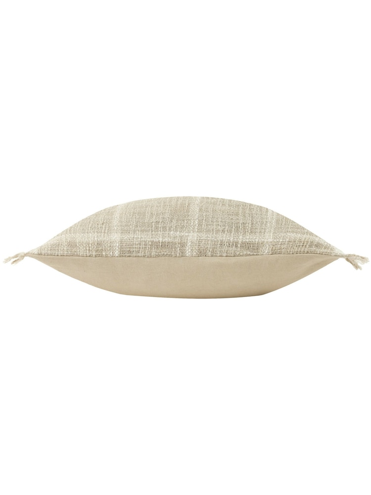 Yard Stone Beige Beni Check Fringed Feather Filled 100% Cotton Cushion - Image 5 of 7
