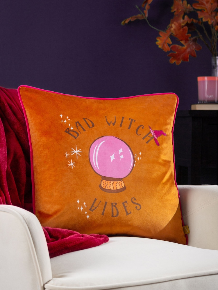 Furn Orange Bad Witch Vibes Velvet Piped Polyester Filled Cushion - Image 1 of 6