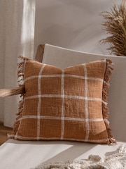 Yard Ginger Brown Beni Check Fringed Feather Filled 100% Cotton Cushion - Image 1 of 7