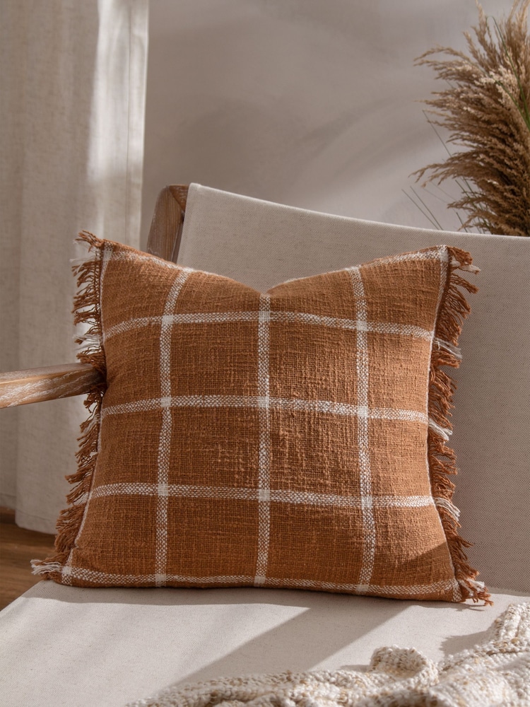 Yard Ginger Brown Beni Check Fringed Feather Filled 100% Cotton Cushion - Image 1 of 7
