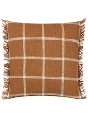 Yard Ginger Brown Beni Check Fringed Feather Filled 100% Cotton Cushion - Image 3 of 7