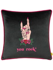 Furn Black Inked You Rock Piped Velvet Polyester Filled Cushion - Image 3 of 6