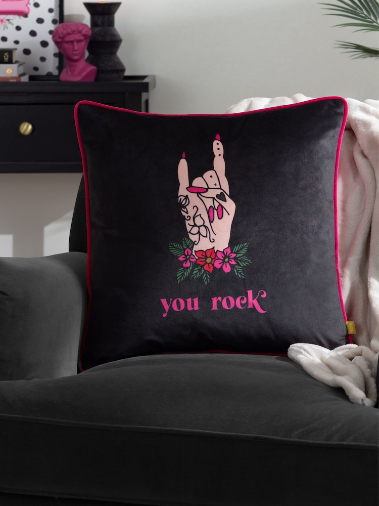 Furn Black Inked You Rock Piped Velvet Feather Filled Cushion - Image 1 of 6