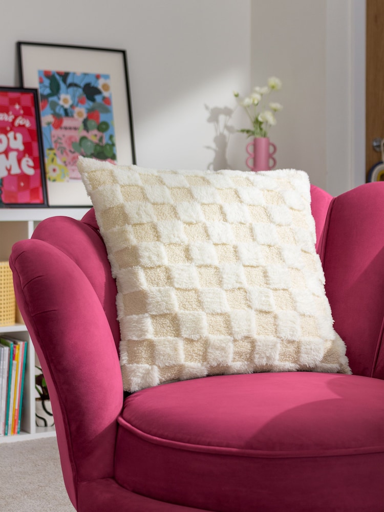 heya home Cream Check It Boucle Fleece Feather Filled Cushion - Image 1 of 7