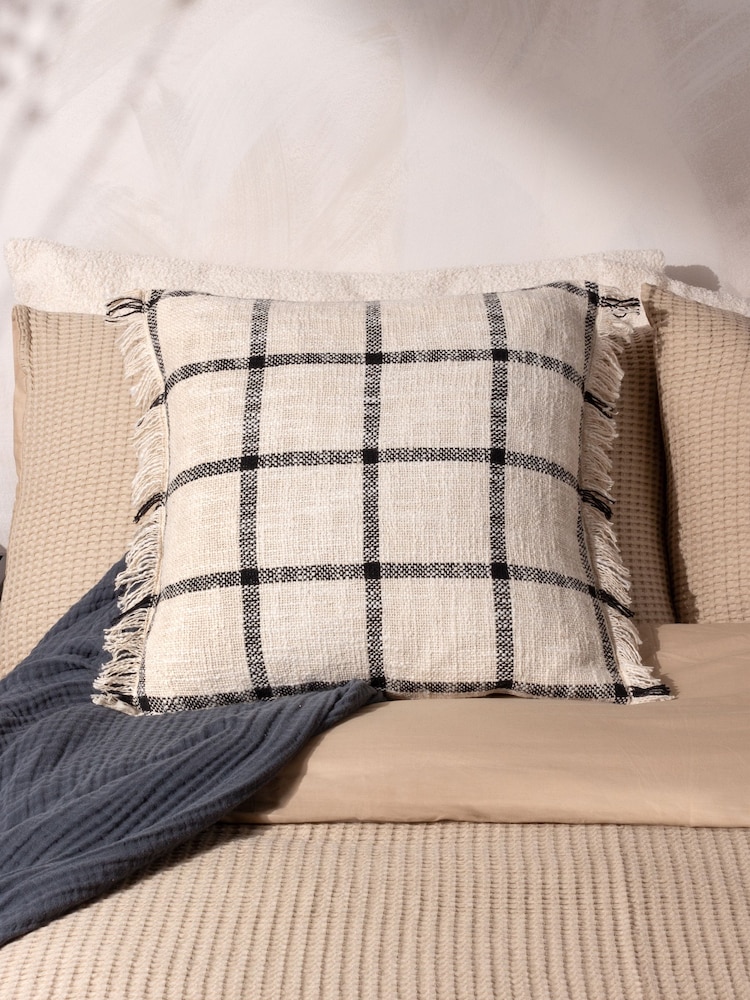 Yard Natural Beige Beni Check Fringed Feather Filled 100% Cotton Cushion - Image 1 of 7