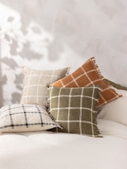 Yard Natural Beige Beni Check Fringed Feather Filled 100% Cotton Cushion - Image 2 of 7