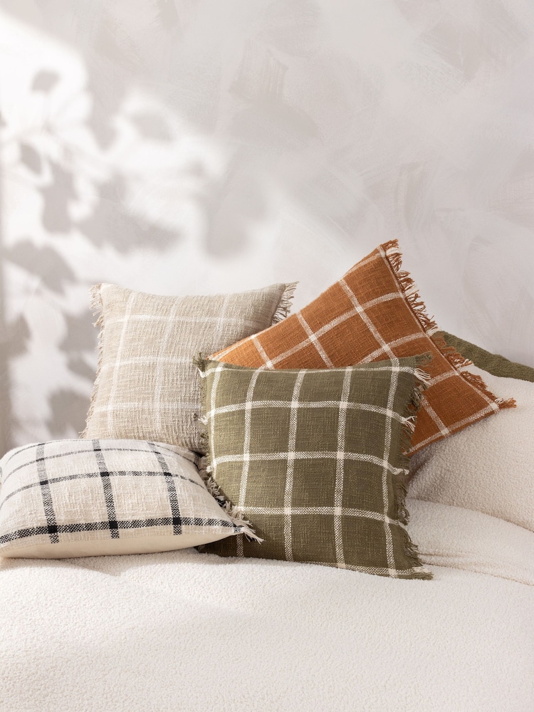 Yard Natural Beige Beni Check Fringed Feather Filled 100% Cotton Cushion - Image 2 of 7