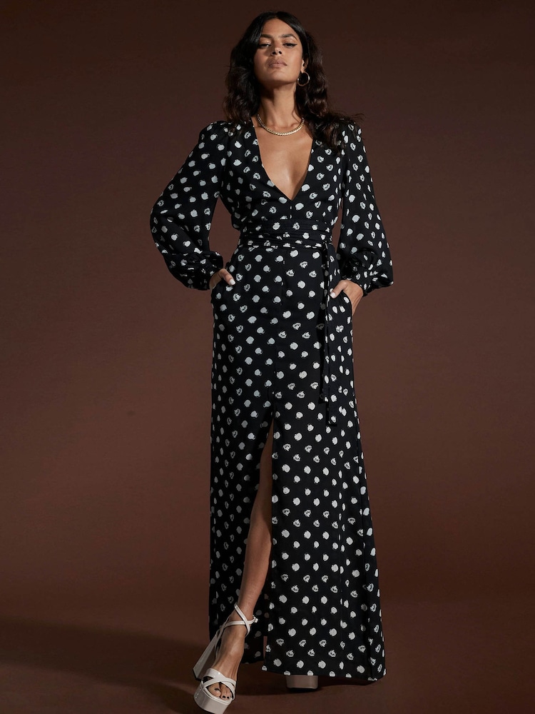 Dancing Leopard Mariela Tie Waist Black Dot Maxi Dress - Image 1 of 4