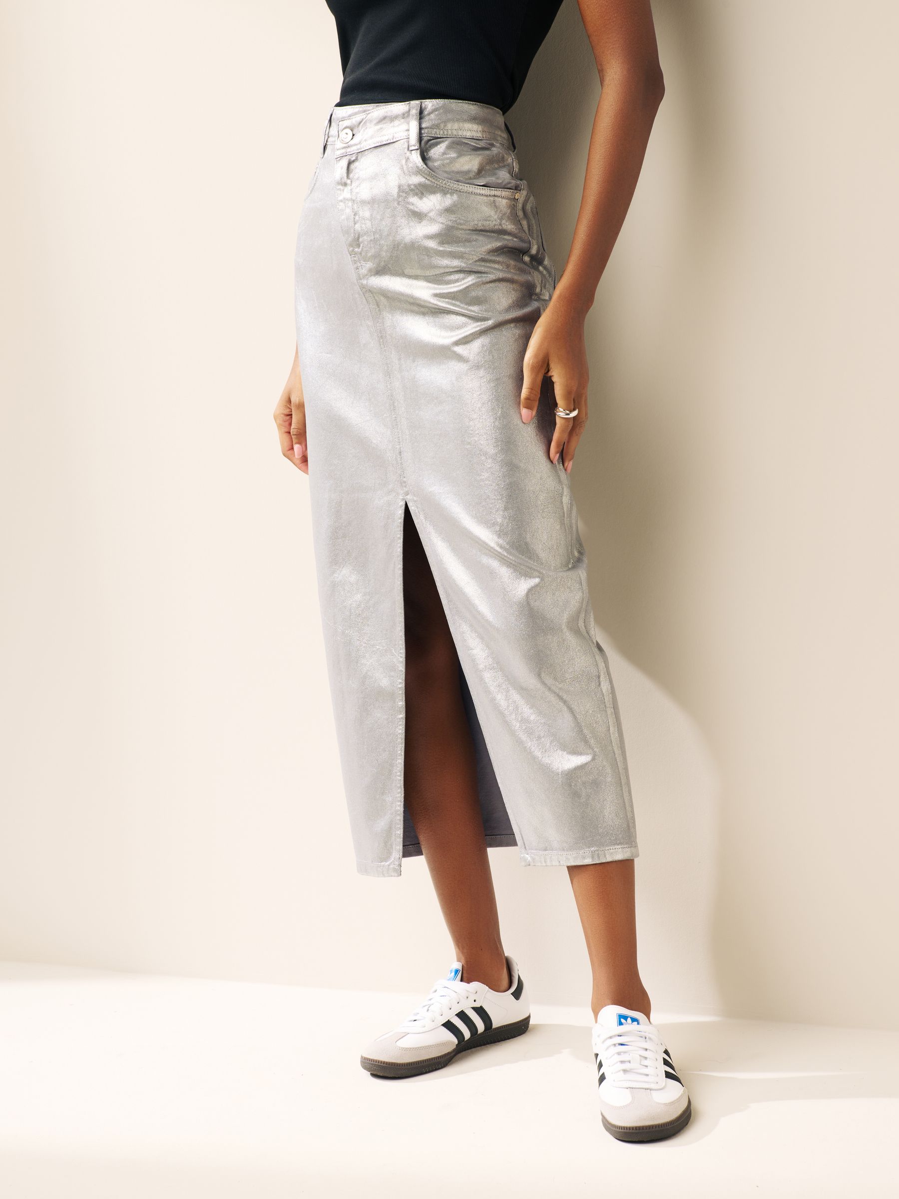 Silver metallic denim skirt cheap