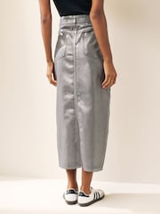 Silver Metallic Asymmetric Waist Denim Midi Skirt - Image 3 of 6