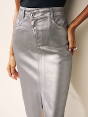 Silver Metallic Asymmetric Waist Denim Midi Skirt - Image 4 of 6