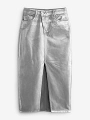 Silver Metallic Asymmetric Waist Denim Midi Skirt - Image 5 of 6