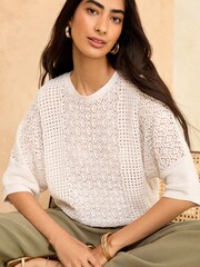 Love & Roses Ivory White Crochet Batwing Knit Top - Image 1 of 4
