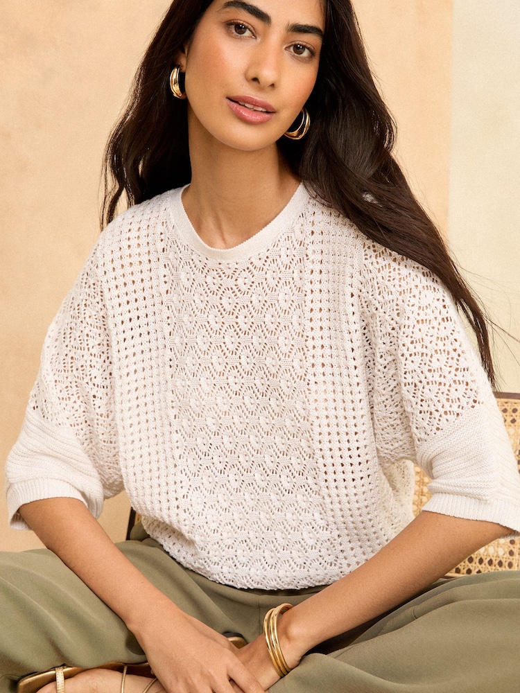 Love & Roses Ivory White Crochet Batwing Knit Top - Image 1 of 4