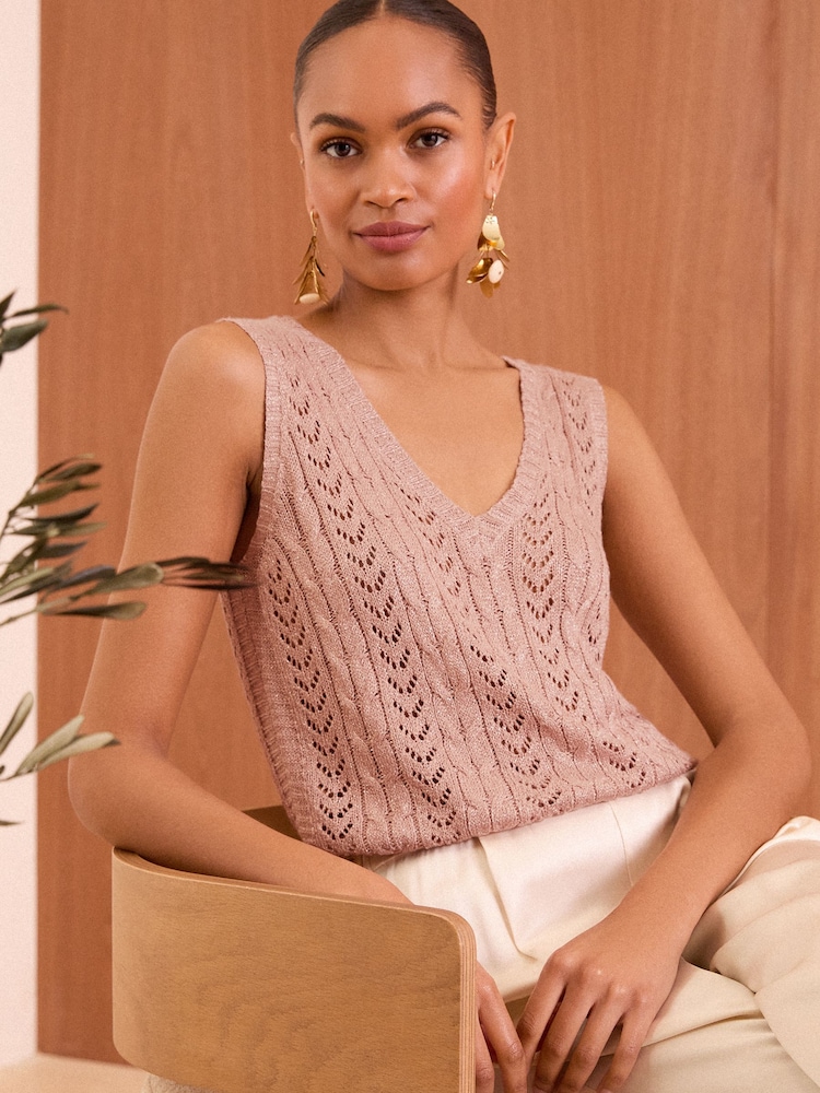Love & Roses Rose Gold Metallic Cable Knitted Vest - Image 1 of 4 Love & Roses Rose Gold Metallic Cable Knitted Vest - Image 1 of 4