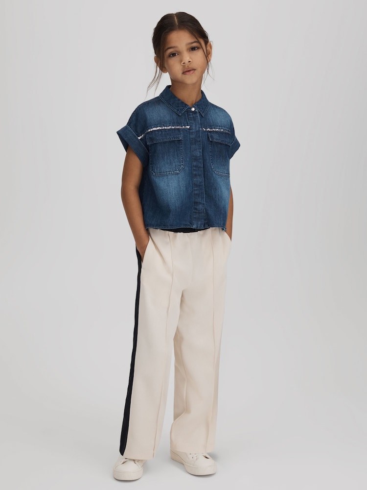 Reiss Blue Sandie Teen Embellished Denim Shirt - Image 2 of 7 Reiss Blue Sandie Teen Embellished Denim Shirt - Image 2 of 7