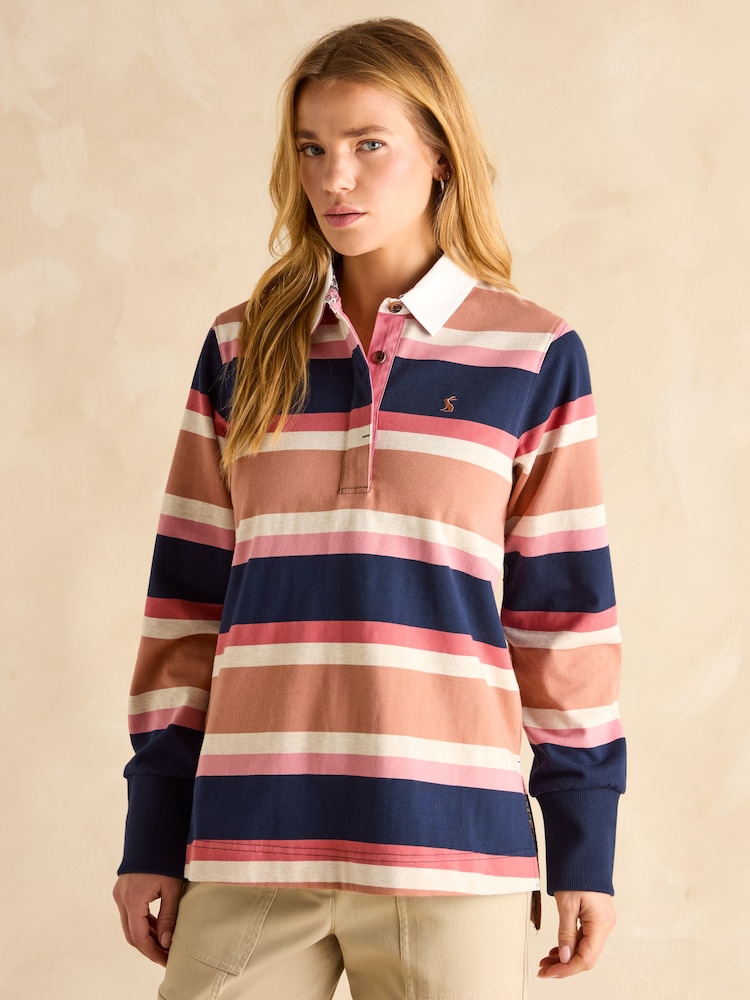 Joules Sammie Tan Multi Stripe Striped Heavyweight Cotton Rugby Shirt - Image 1 of 1