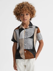 Reiss Tobacco/Navy Levy Teen Printed Cuban Collar Shirt - Image 3 of 6
