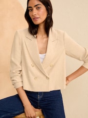 Love & Roses Beige Cropped Double Breasted Blazer With Linen - Image 2 of 4