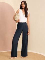Love & Roses Navy Blue Petite Tailored Wide Leg Trousers With Linen - Image 4 of 4