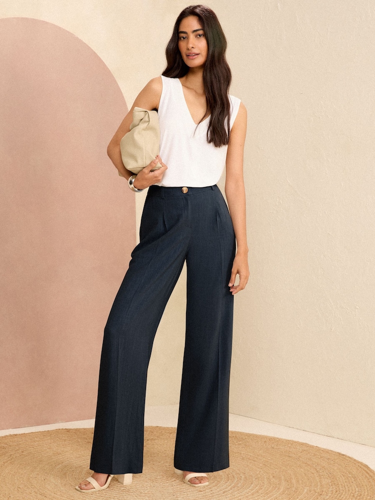 Love & Roses Navy Blue Petite Tailored Wide Leg Trousers With Linen - Image 4 of 4