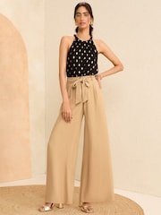 Love & Roses Stone Beige Petite Tie Front Wide Leg Trousers - Image 3 of 4
