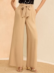 Love & Roses Stone Beige Tie Front Wide Leg Trousers - Image 1 of 4
