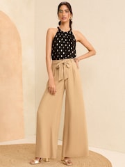 Love & Roses Stone Beige Tie Front Wide Leg Trousers - Image 3 of 4