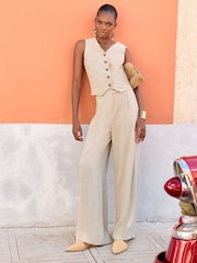 Love & Roses Ivory White Pinstripe Wide Leg Tailored Wide Leg Trousers With Linen - Image 3 of 3
