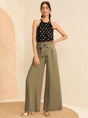 Love & Roses Khaki Green Petite Tie Front Wide Leg Trousers - Image 3 of 4