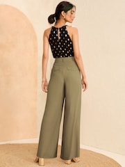 Love & Roses Khaki Green Petite Tie Front Wide Leg Trousers - Image 4 of 4