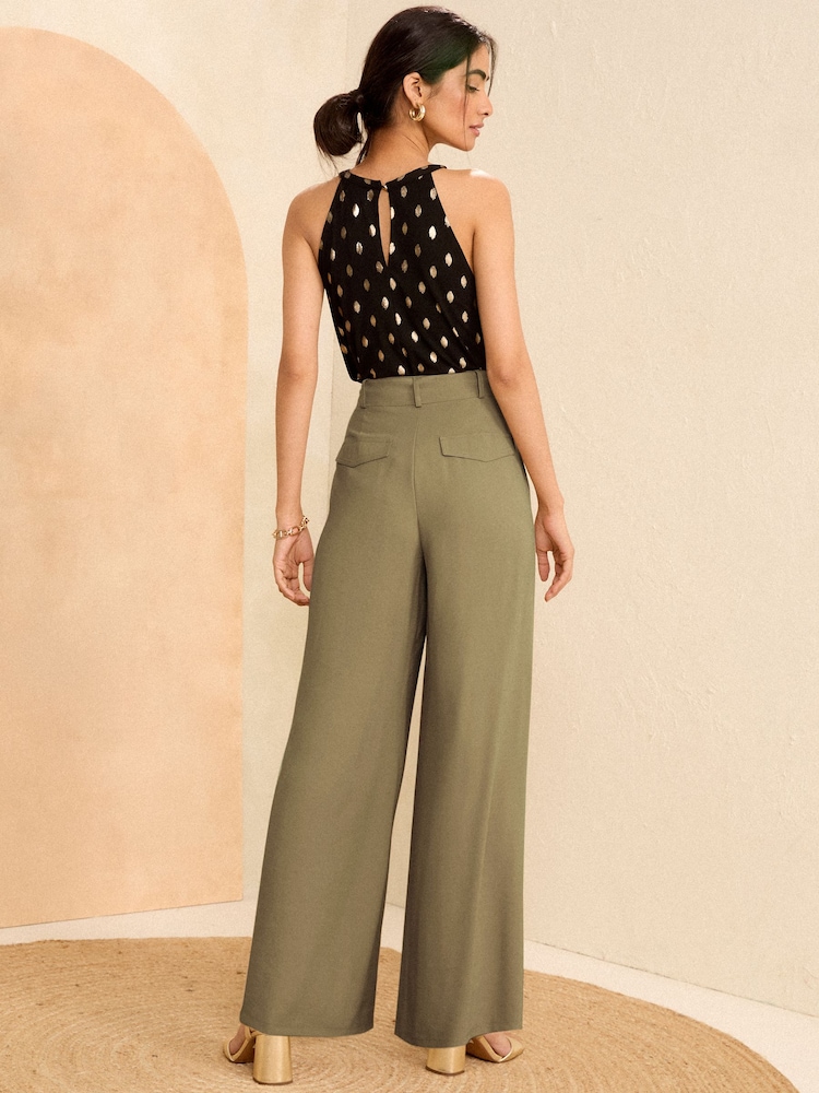 Love & Roses Khaki Green Petite Tie Front Wide Leg Trousers - Image 4 of 4