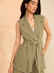 Love & Roses Khaki Green Linen Look Tailored Belted Waistcoat - Image 1 of 4