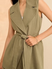 Love & Roses Khaki Green Linen Look Tailored Belted Waistcoat - Image 2 of 4