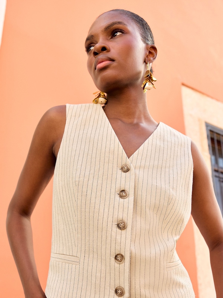Love & Roses Ivory White Pinstripe Tailored Waistcoat With Linen - Image 1 of 4