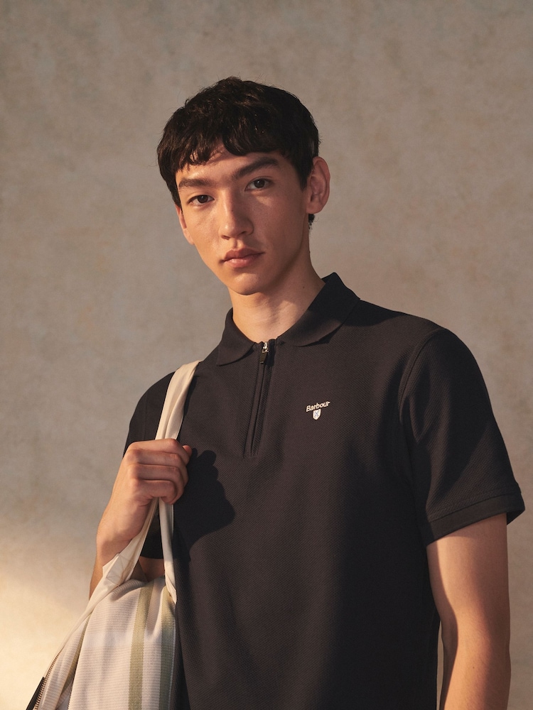 Barbour® Navy Blue Wadworth Zip Neck 100% Cotton Polo Shirt - Image 1 of 8