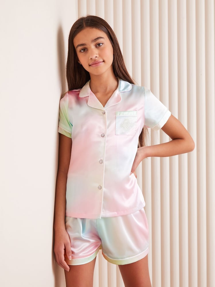 Lipsy Pink/Blue Rainbow Tie Dye Satin Pyjamas - Image 1 of 4