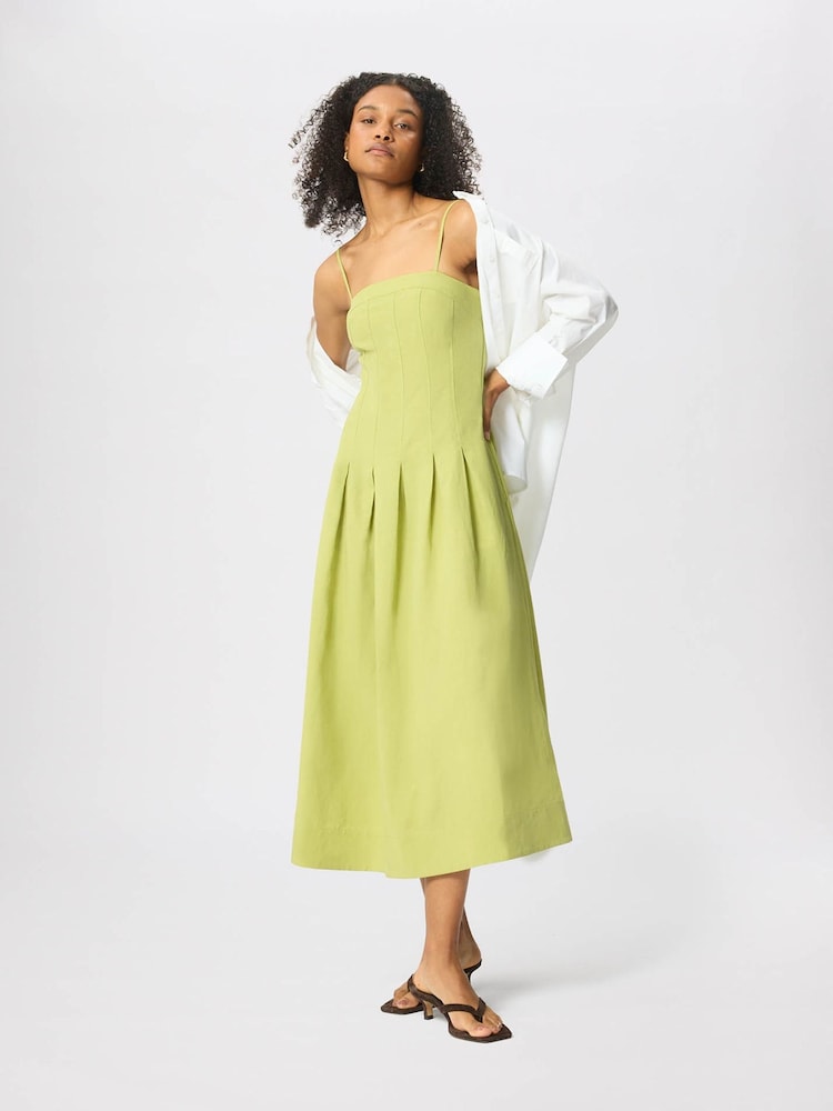 Whistles Green Linen Blend Waisted Midi Dress - Image 1 of 5 Whistles Green Linen Blend Waisted Midi Dress - Image 1 of 5