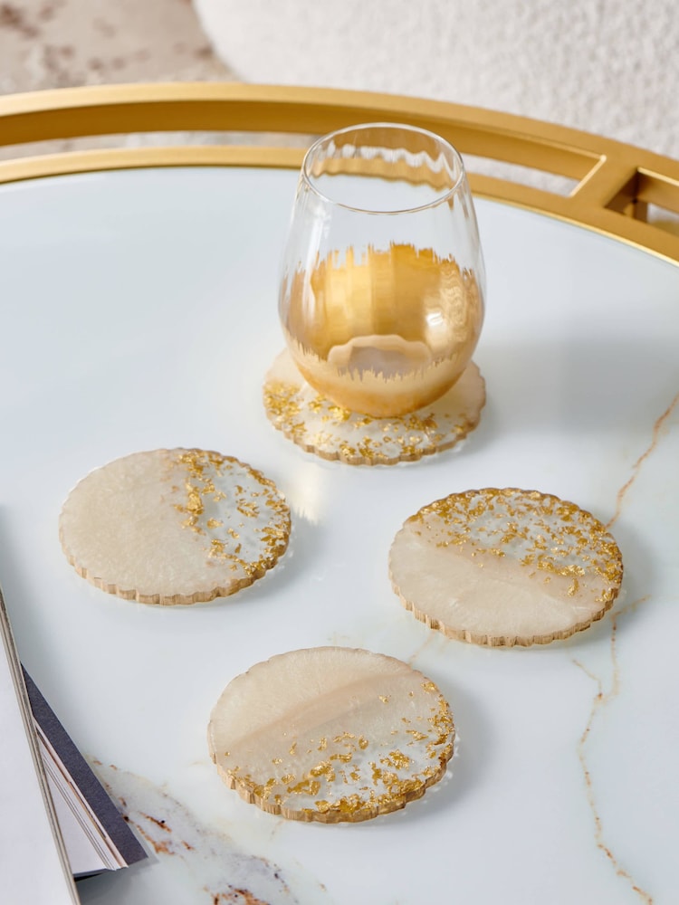 Lipsy 4 Pack White/Gold Agate Resin Coasters - Image 1 of 4