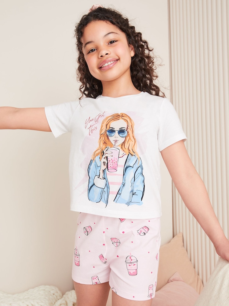 Lipsy Light Pink/ White Jersey Shorts Pyjamas (5-16yrs) - Image 1 of 4
