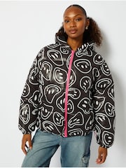 Skinnydip Warped Happy Face Hooded Puffer Black Jacket - Image 1 of 4