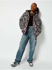 Skinnydip Warped Happy Face Hooded Puffer Black Jacket - Image 3 of 4