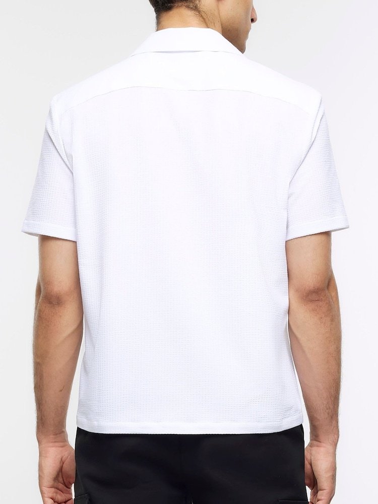 River Island White Regular Fit Seersucker Revere 100% Cotton Shirt - Image 2 of 4
