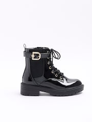 River Island Black Wide Lace Up Buckle Boots - Image 1 of 5