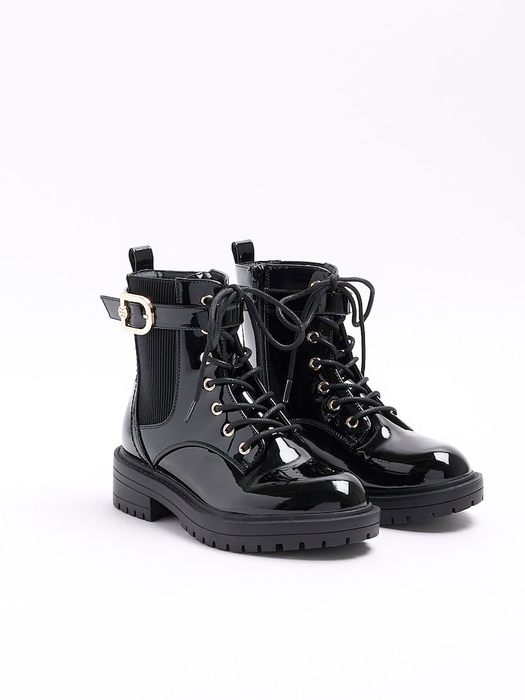River Island Black Wide Lace Up Buckle Boots - Image 2 of 5