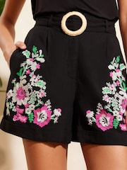 V&A | Love & Roses Black Floral Embroidered Belted Shorts With Linen - Image 1 of 4