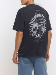 River Island Black 100% Cotton OS Gothic Washed Skull T-Shirt - Image 2 of 6