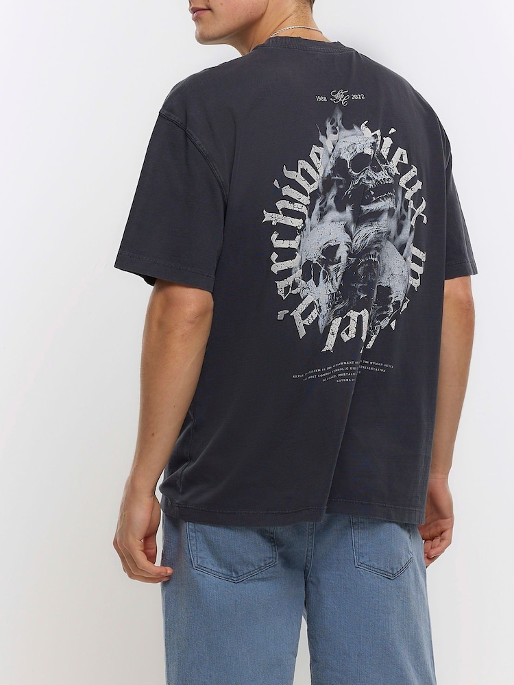 River Island Black 100% Cotton OS Gothic Washed Skull T-Shirt - Image 2 of 6